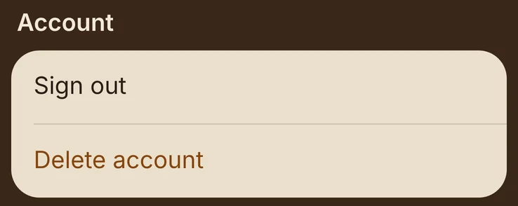 The Account part of Settings, with Sign out and Delete account